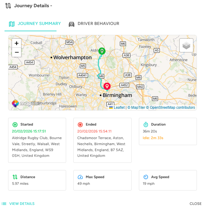 Skooa journey history showing detailed route replay with stops, mileage, and timeline